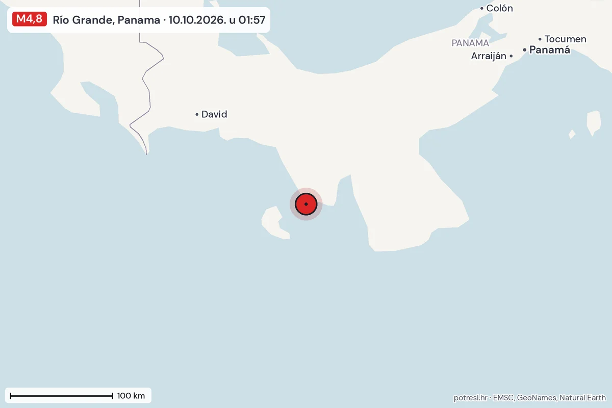 Karta: šire područje, 600 km, potres M4,8, Río Grande, Panama, 10.10.2026.