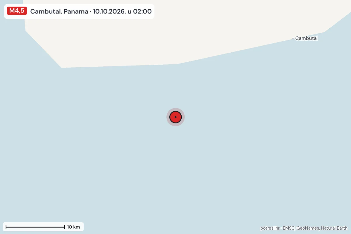 Karta: okolica epicentra, 60 km, potres M4,5, Cambutal, Panama, 10.10.2026.