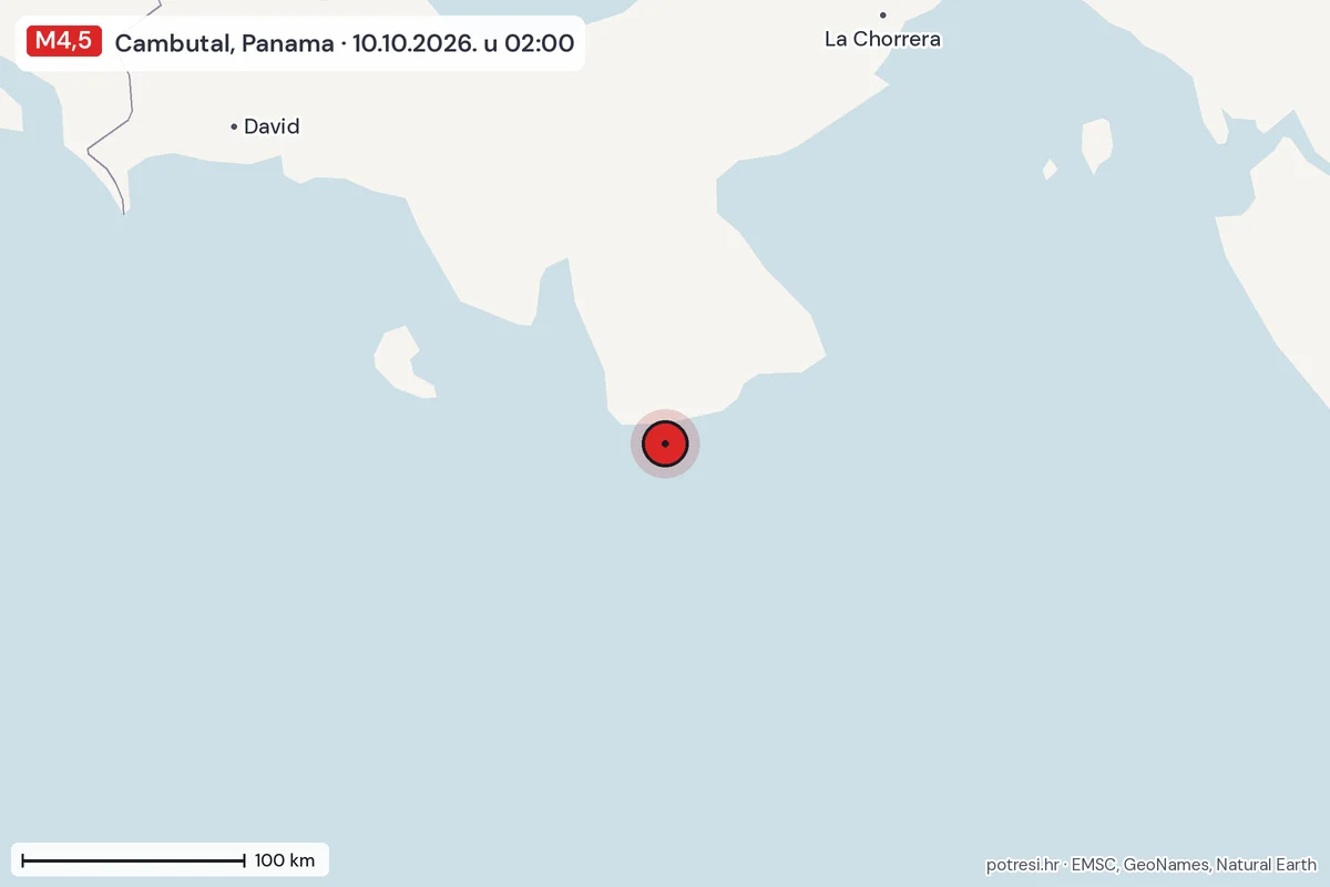 Karta: šire područje, 600 km, potres M4,5, Cambutal, Panama, 10.10.2026.