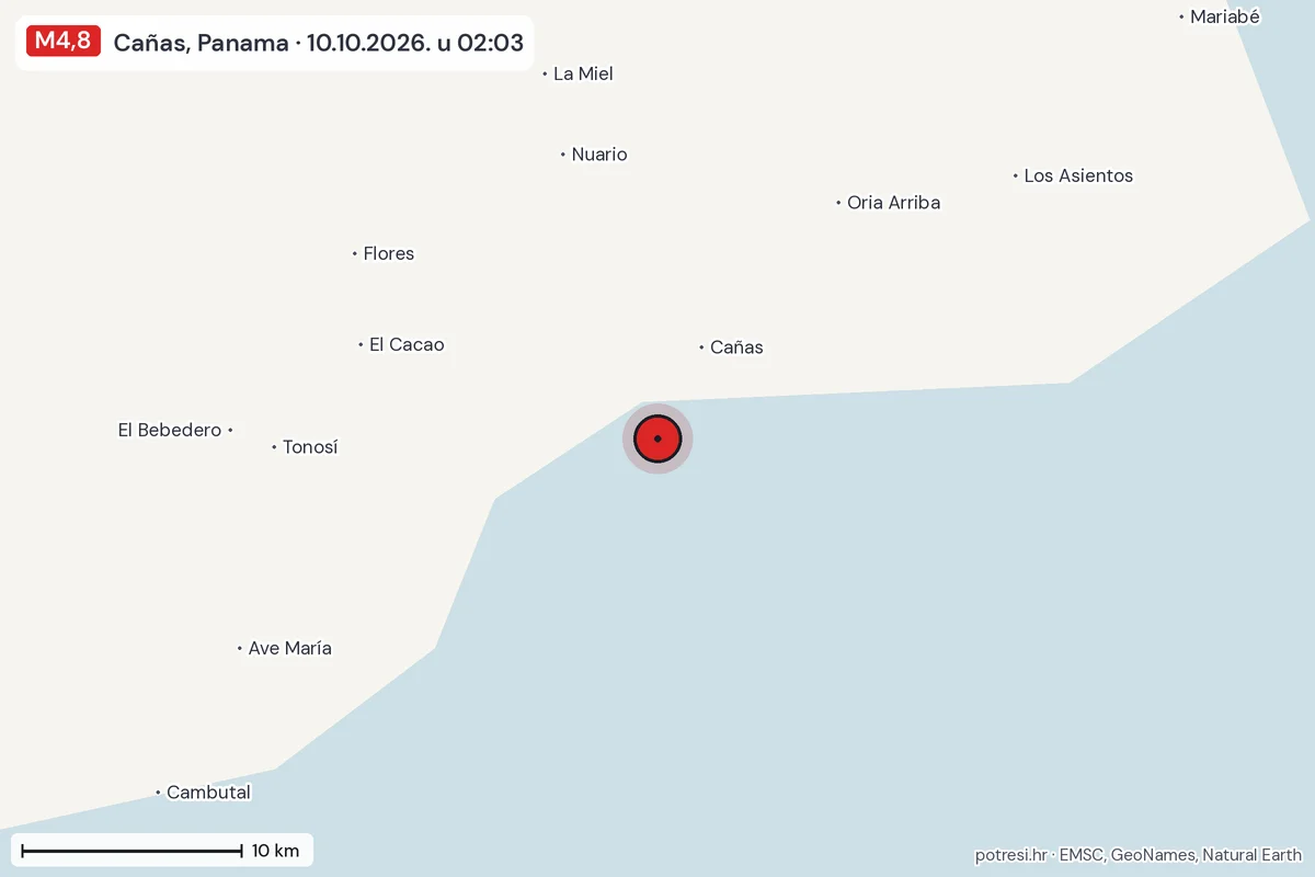 Karta: okolica epicentra, 60 km, potres M4,8, Cañas, Panama, 10.10.2026.