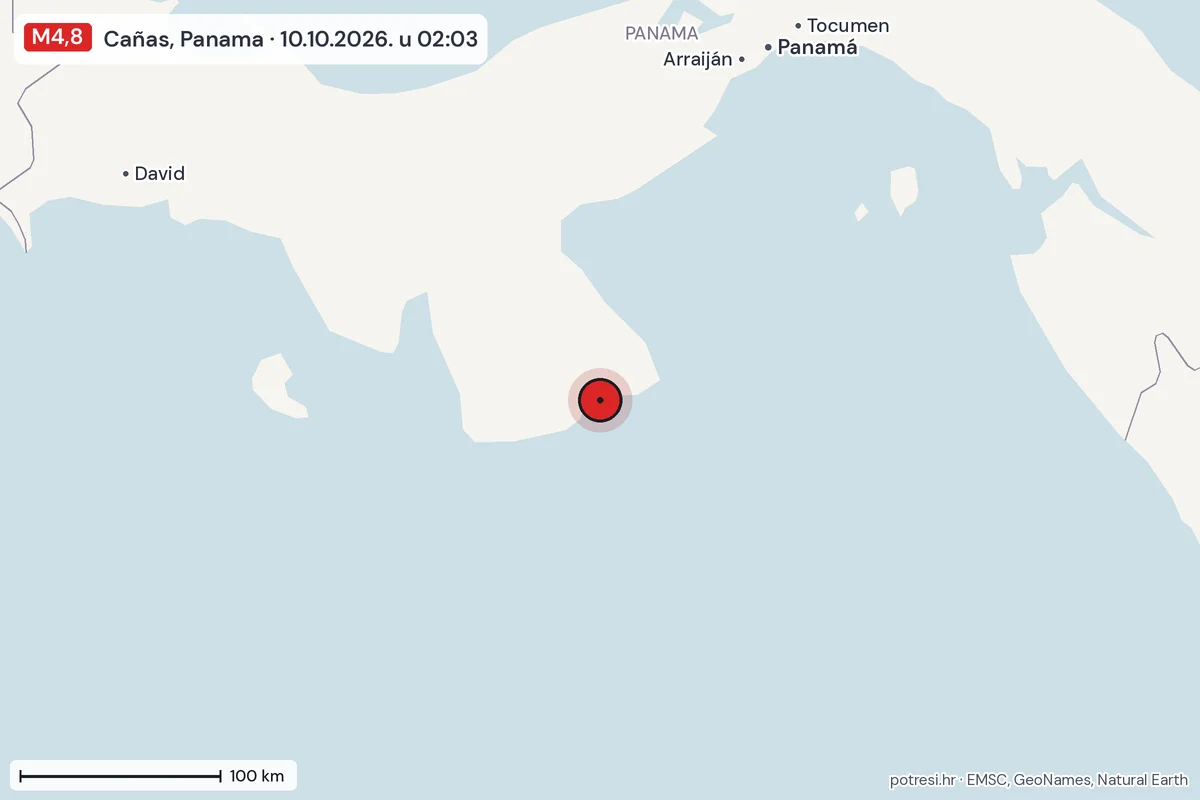 Karta: šire područje, 600 km, potres M4,8, Cañas, Panama, 10.10.2026.
