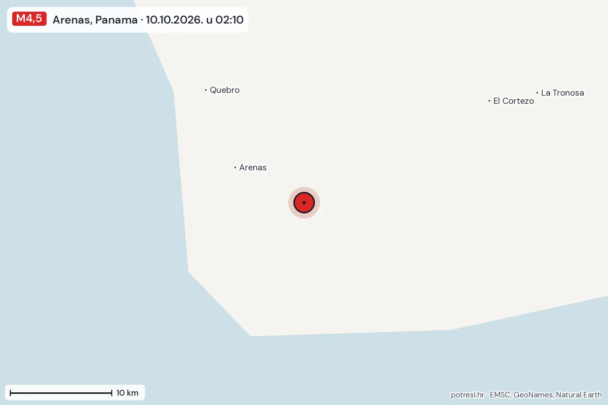 Karta: okolica epicentra, 60 km, potres M4,5, Arenas, Panama, 10.10.2026.
