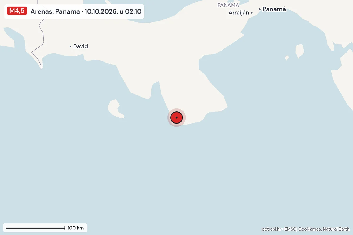 Karta: šire područje, 600 km, potres M4,5, Arenas, Panama, 10.10.2026.
