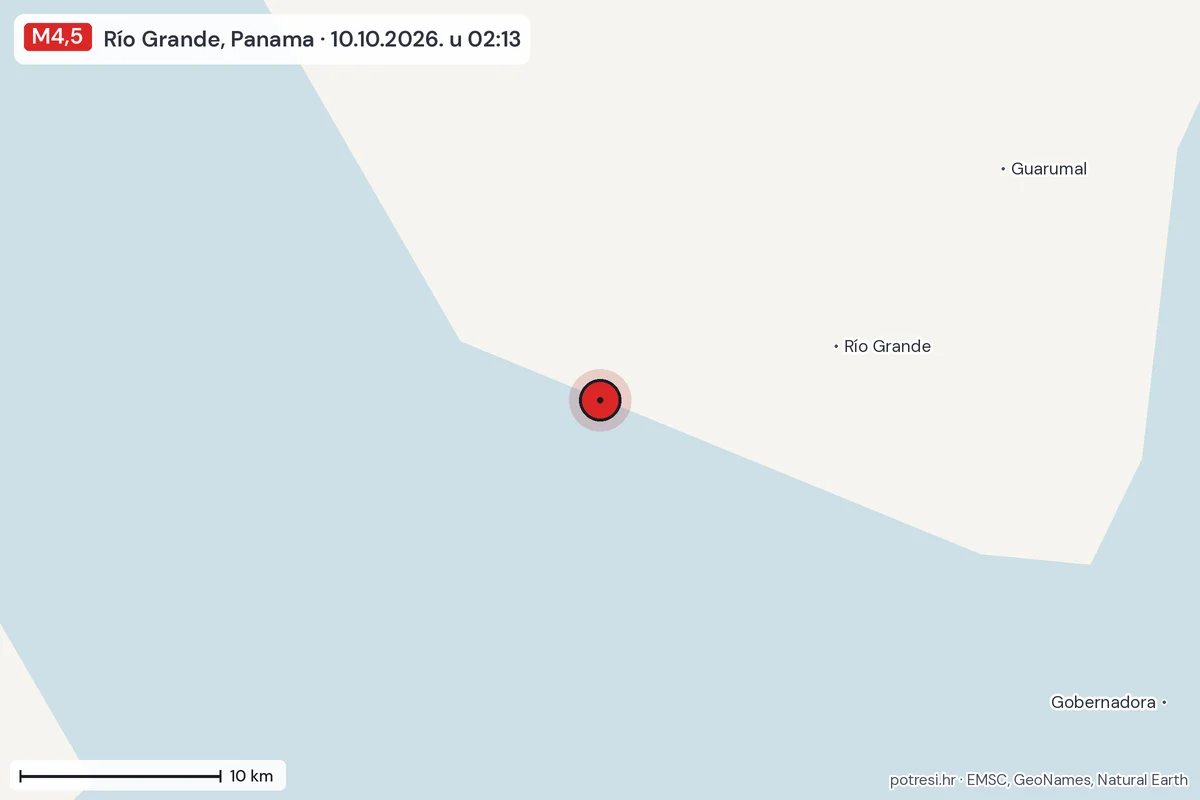 Karta: okolica epicentra, 60 km, potres M4,5, Río Grande, Panama, 10.10.2026.