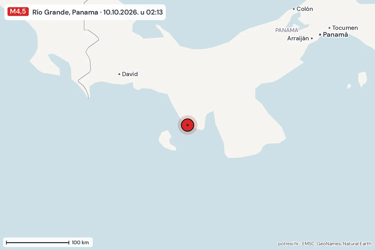 Karta: šire područje, 600 km, potres M4,5, Río Grande, Panama, 10.10.2026.