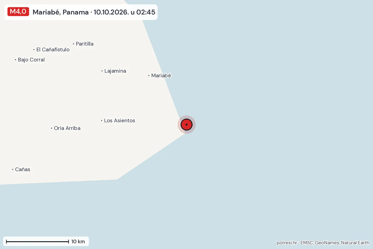 Karta: okolica epicentra, 60 km, potres M4,0, Mariabé, Panama, 10.10.2026.