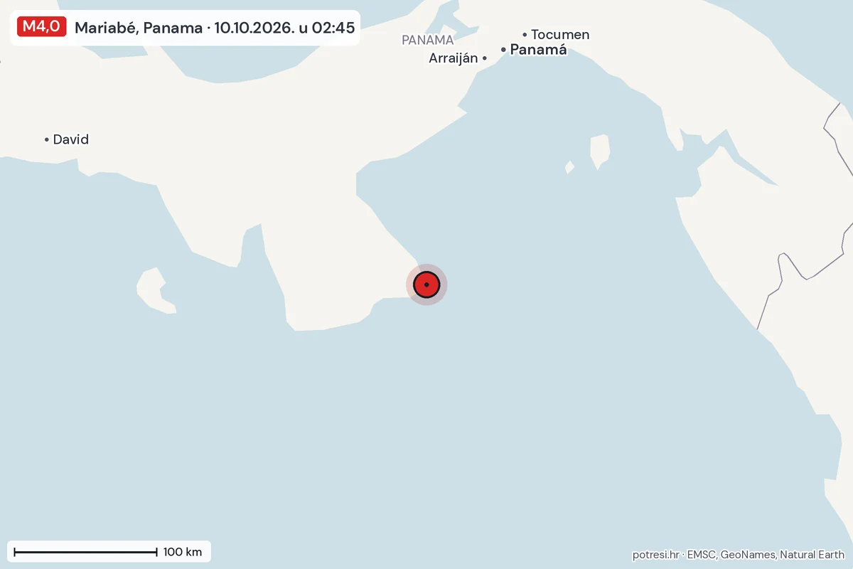 Karta: šire područje, 600 km, potres M4,0, Mariabé, Panama, 10.10.2026.