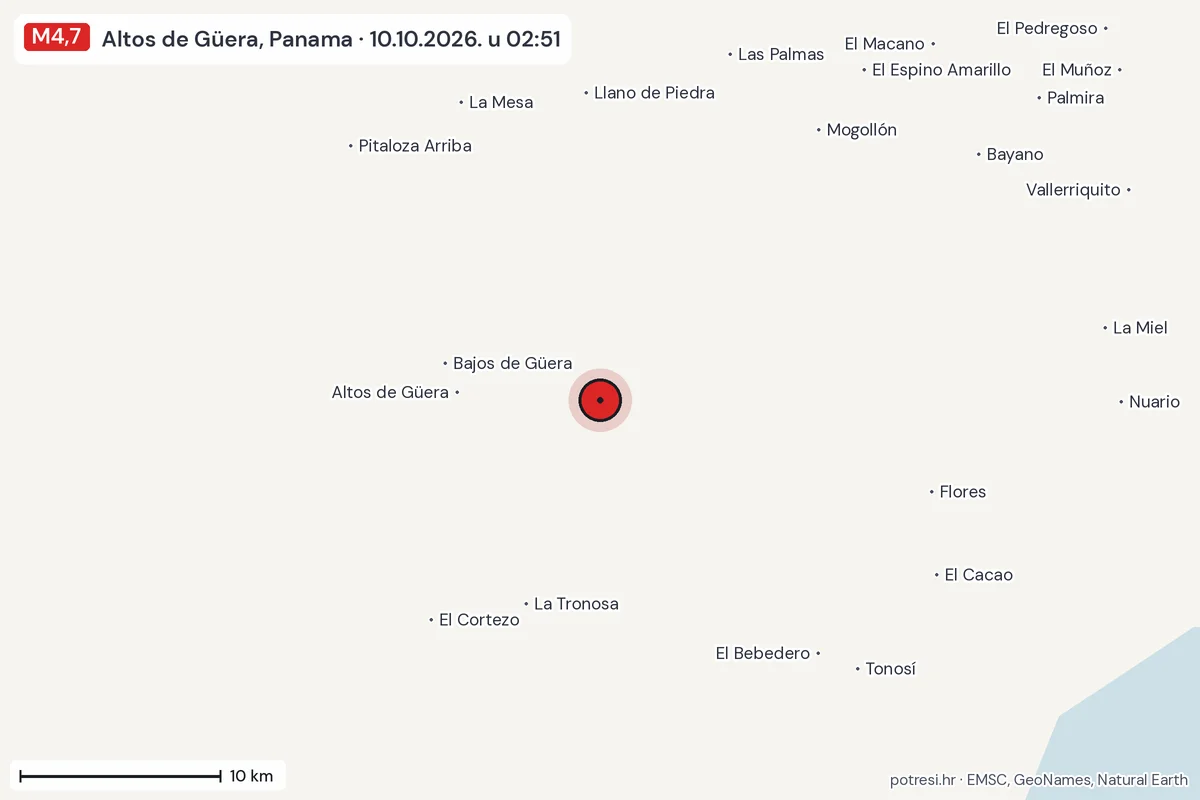Karta: okolica epicentra, 60 km, potres M4,7, Altos de Güera, Panama, 10.10.2026.