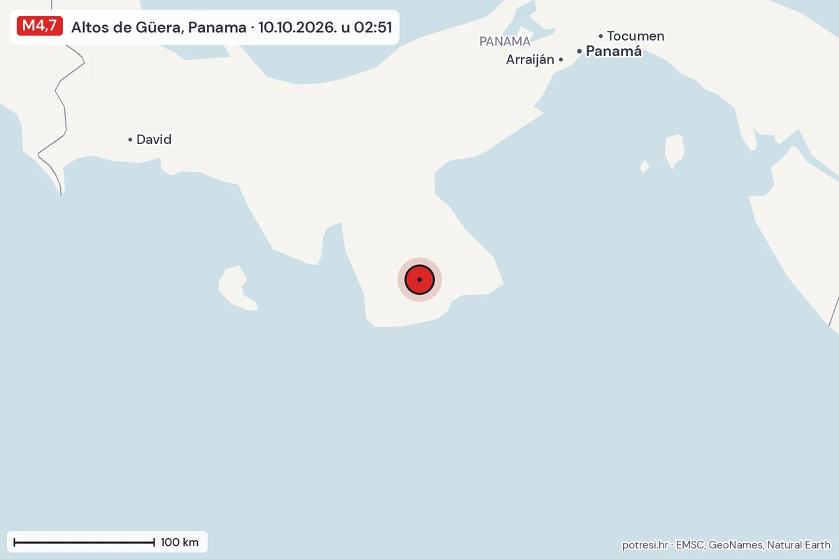 Karta: šire područje, 600 km, potres M4,7, Altos de Güera, Panama, 10.10.2026.