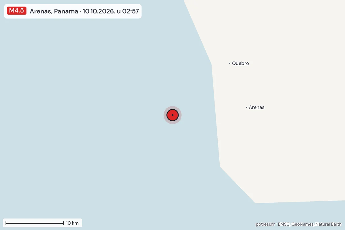 Karta: okolica epicentra, 60 km, potres M4,5, Arenas, Panama, 10.10.2026.