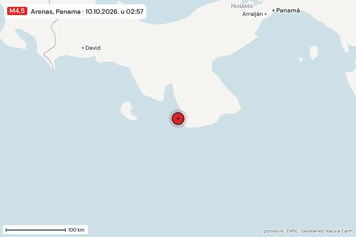 Karta: šire područje, 600 km, potres M4,5, Arenas, Panama, 10.10.2026.