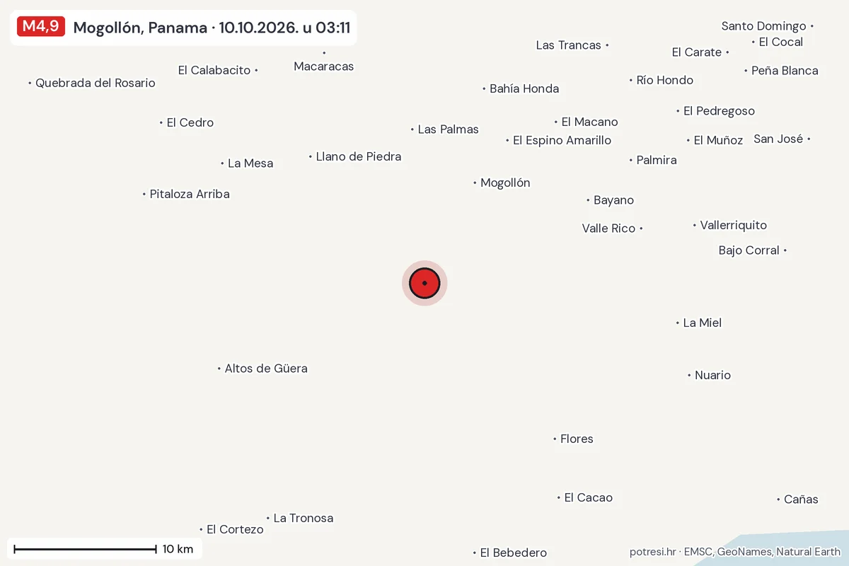 Karta: okolica epicentra, 60 km, potres M4,9, Mogollón, Panama, 10.10.2026.