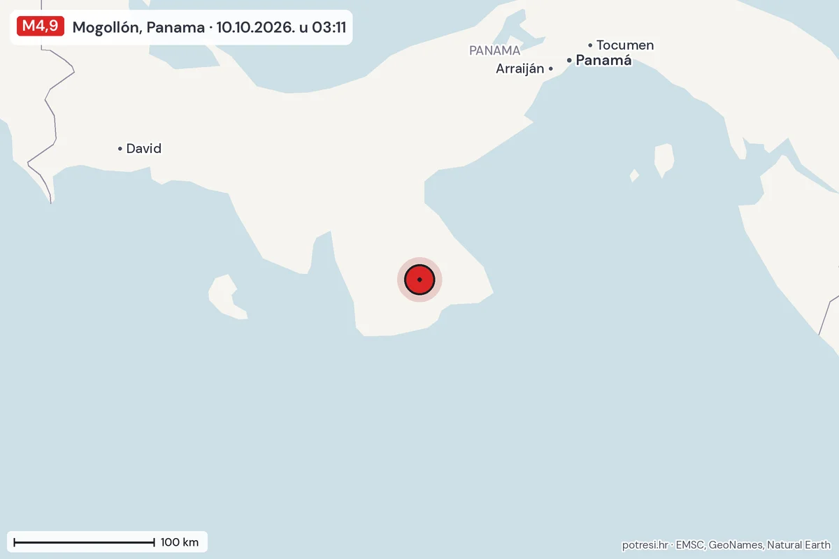 Karta: šire područje, 600 km, potres M4,9, Mogollón, Panama, 10.10.2026.