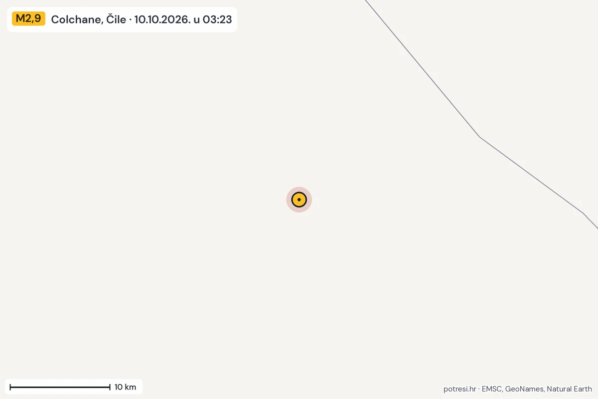 Karta: okolica epicentra, 60 km, potres M2,9, Colchane, Čile, 10.10.2026.