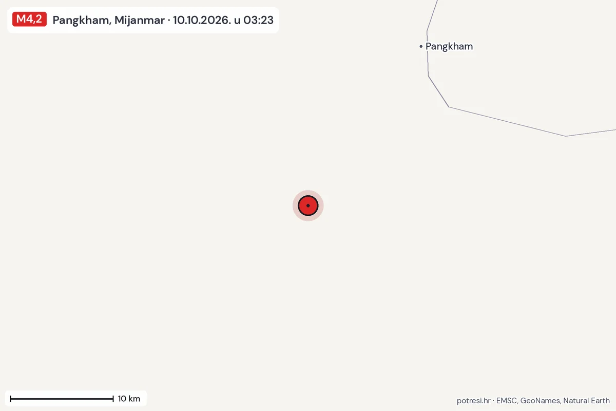 Karta: okolica epicentra, 60 km, potres M4,2, Pangkham, Mijanmar, 10.10.2026.