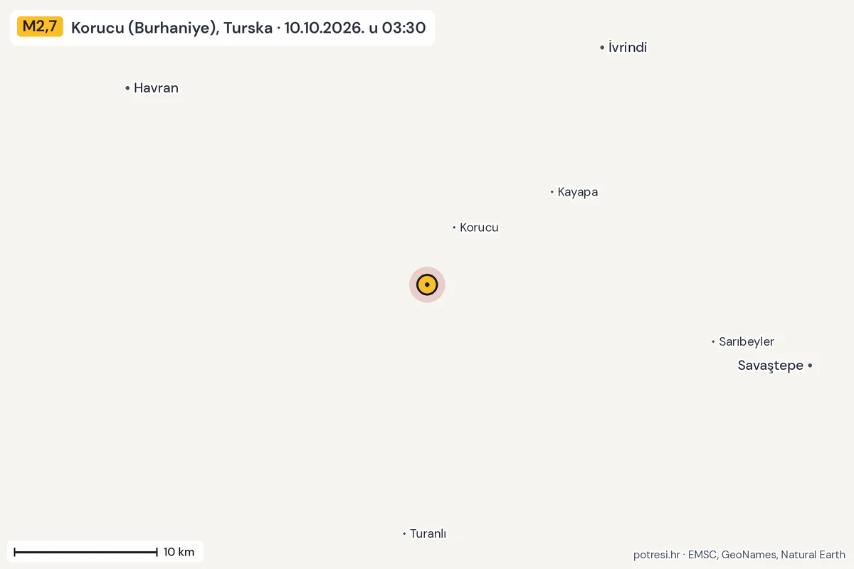 Karta: okolica epicentra, 60 km, potres M2,7, Korucu (Burhaniye), Turska, 10.10.2026.