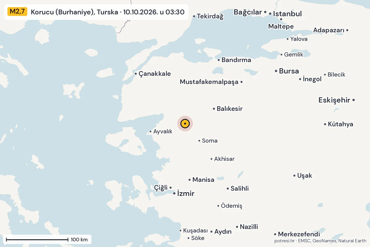 Karta: šire područje, 600 km, potres M2,7, Korucu (Burhaniye), Turska, 10.10.2026.