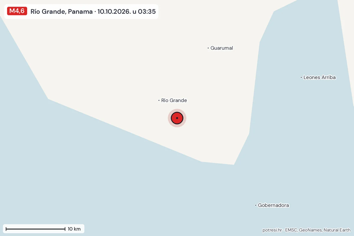 Karta: okolica epicentra, 60 km, potres M4,6, Río Grande, Panama, 10.10.2026.