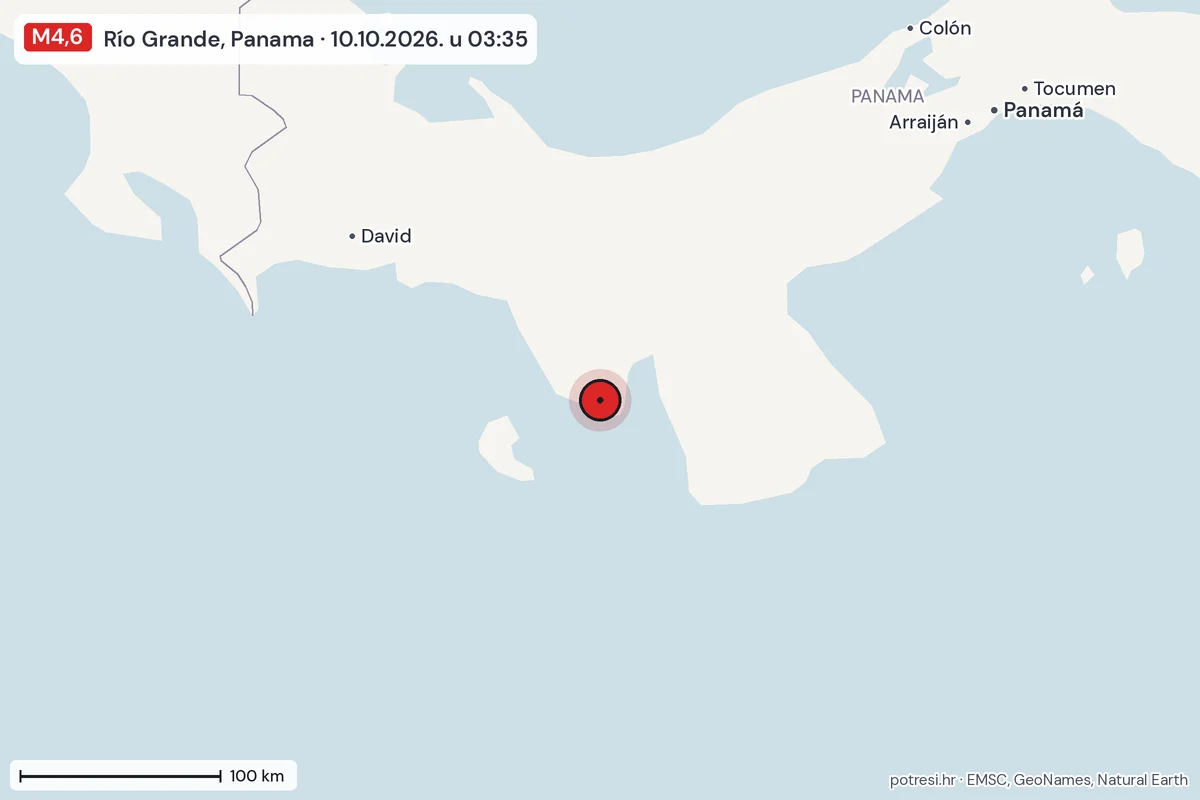 Karta: šire područje, 600 km, potres M4,6, Río Grande, Panama, 10.10.2026.