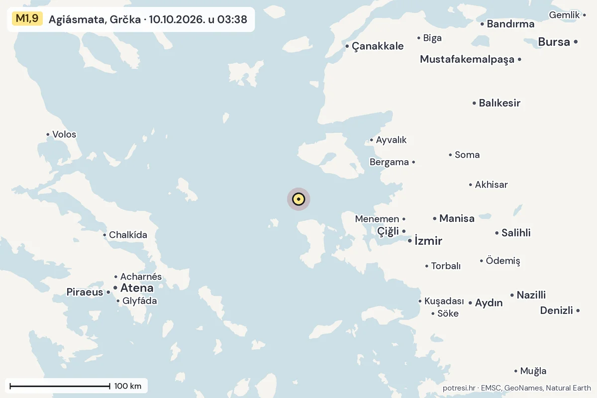Karta: šire područje, 600 km, potres M1,9, Agiásmata, Grčka, 10.10.2026.