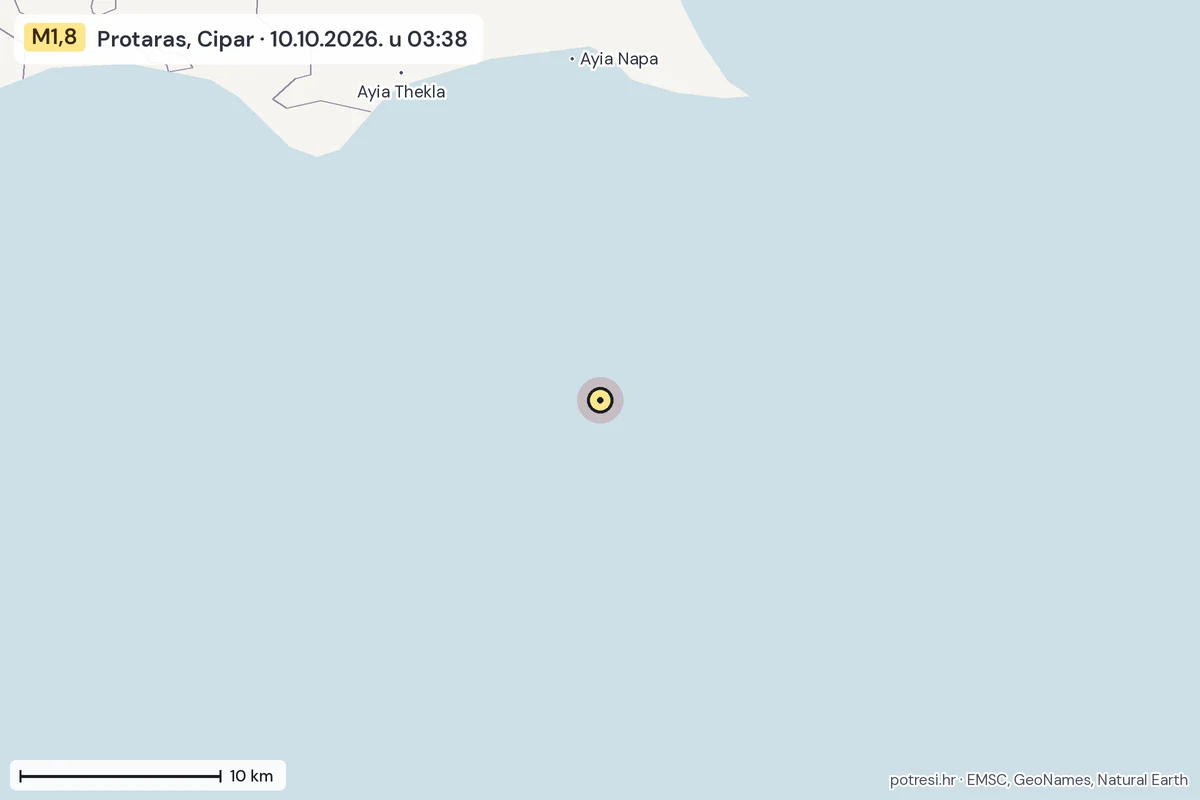 Karta: okolica epicentra, 60 km, potres M1,8, Protaras, Cipar, 10.10.2026.