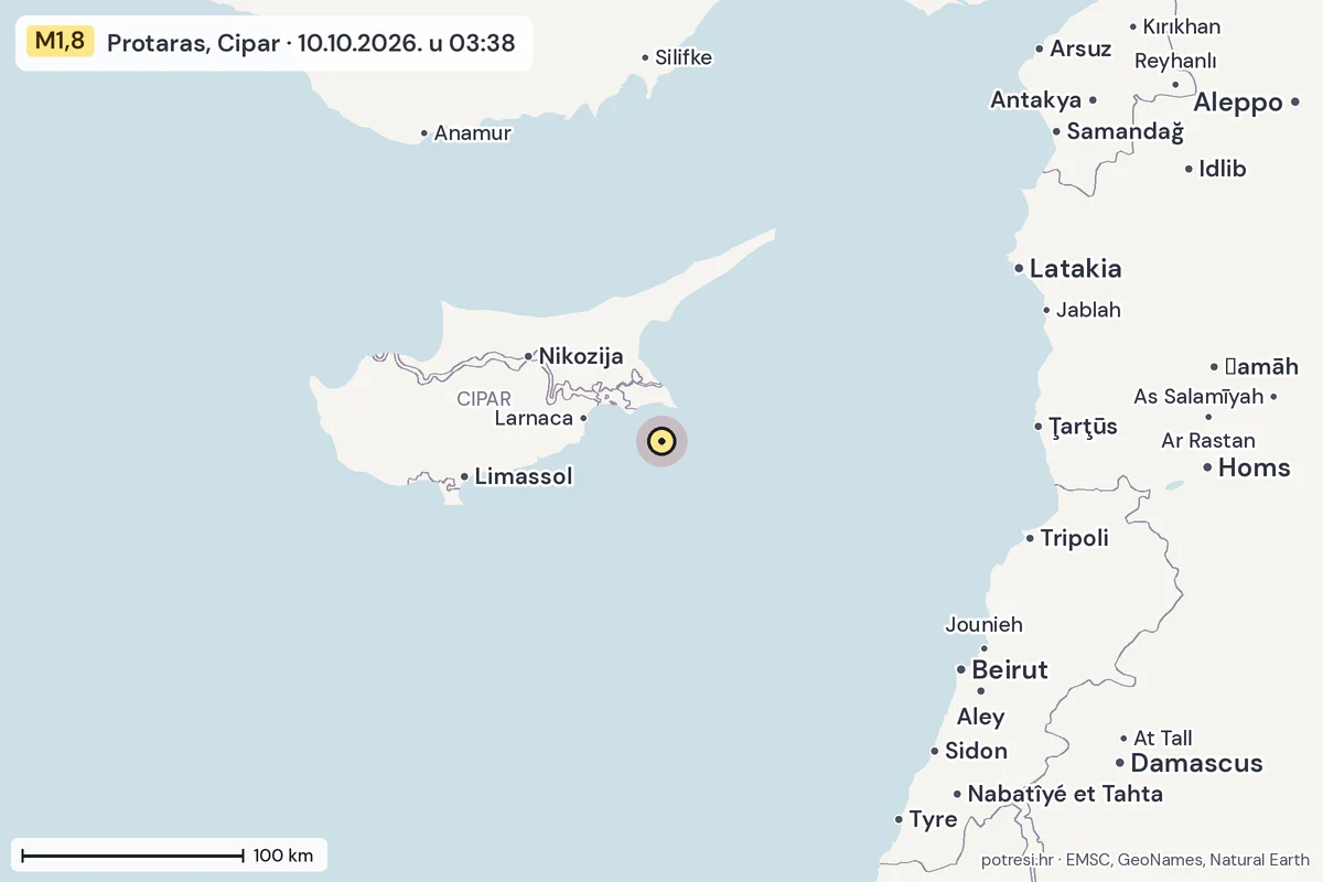Karta: šire područje, 600 km, potres M1,8, Protaras, Cipar, 10.10.2026.