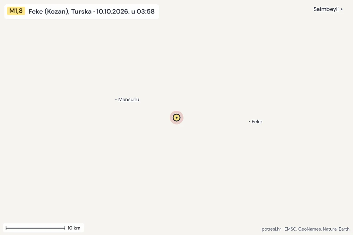 Karta: okolica epicentra, 60 km, potres M1,8, Feke (Kozan), Turska, 10.10.2026.