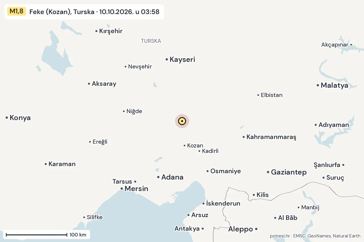 Karta: šire područje, 600 km, potres M1,8, Feke (Kozan), Turska, 10.10.2026.