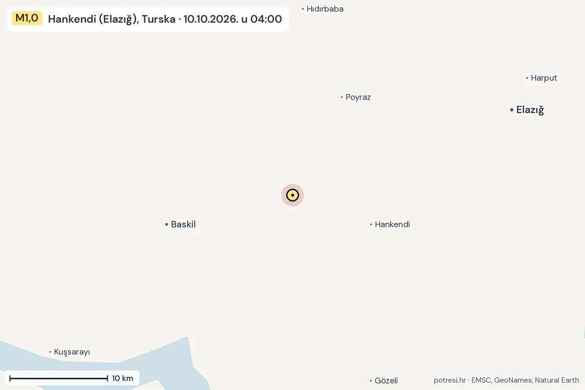 Karta: okolica epicentra, 60 km, potres M1,0, Hankendi (Elazığ), Turska, 10.10.2026.