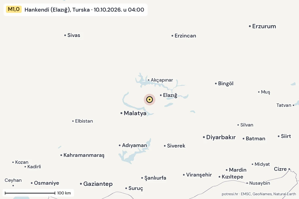 Karta: šire područje, 600 km, potres M1,0, Hankendi (Elazığ), Turska, 10.10.2026.