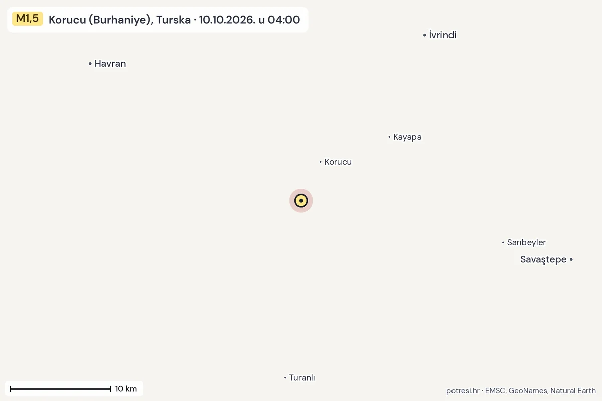 Karta: okolica epicentra, 60 km, potres M1,5, Korucu (Burhaniye), Turska, 10.10.2026.