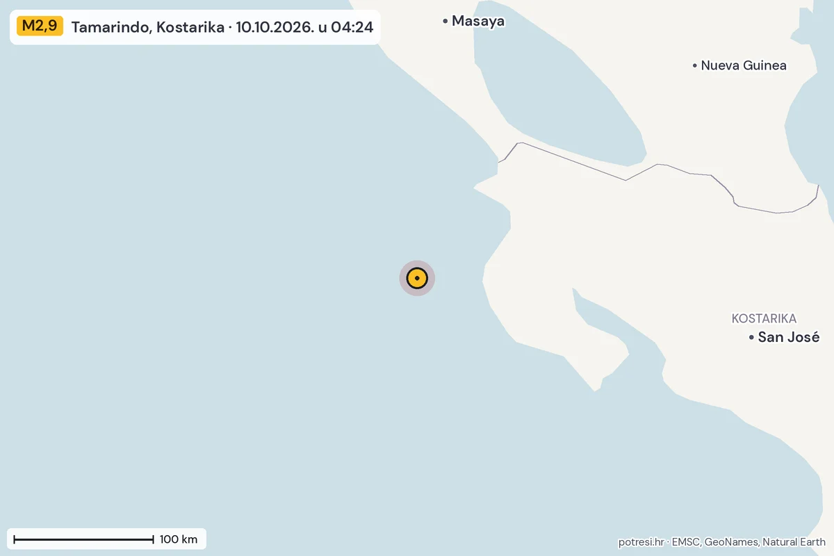 Karta: šire područje, 600 km, potres M2,9, Tamarindo, Kostarika, 10.10.2026.