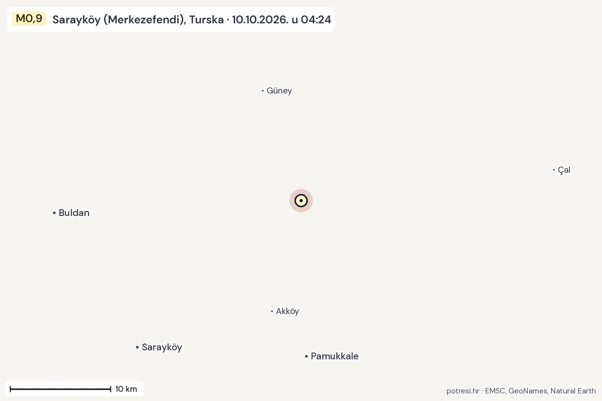 Karta: okolica epicentra, 60 km, potres M0,9, Sarayköy (Merkezefendi), Turska, 10.10.2026.