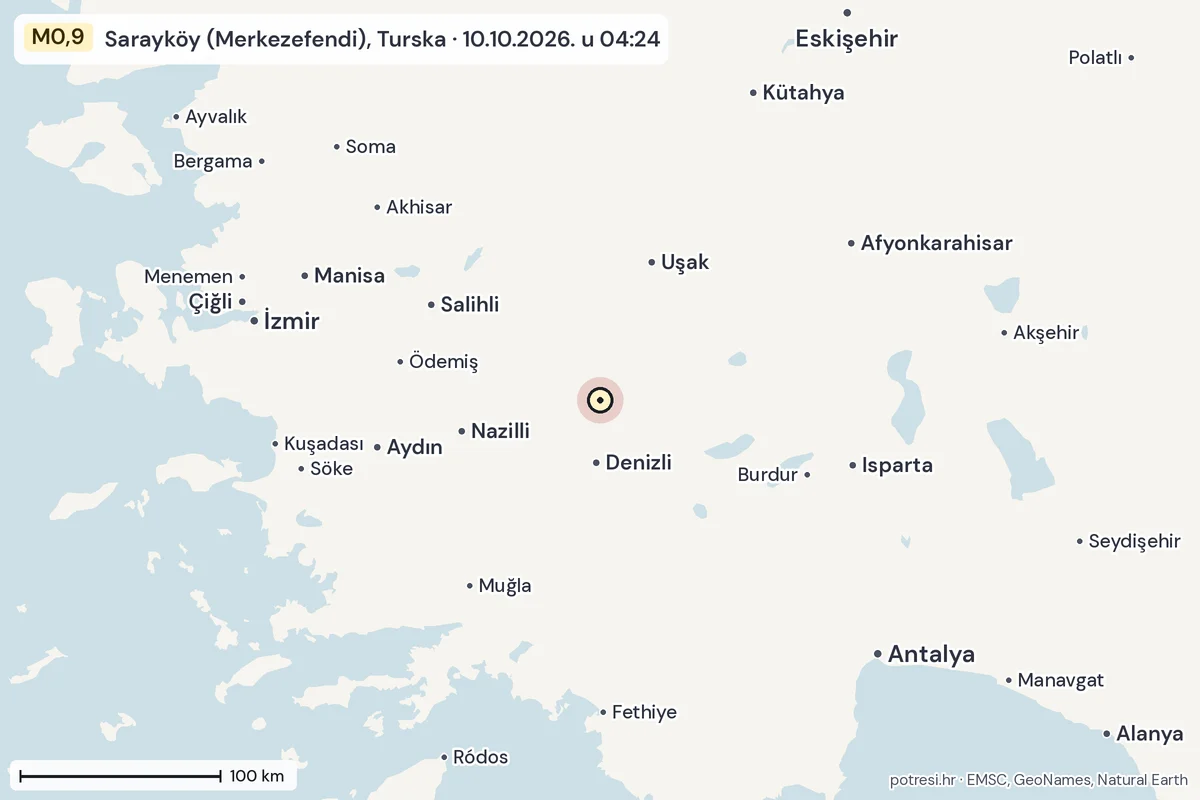 Karta: šire područje, 600 km, potres M0,9, Sarayköy (Merkezefendi), Turska, 10.10.2026.