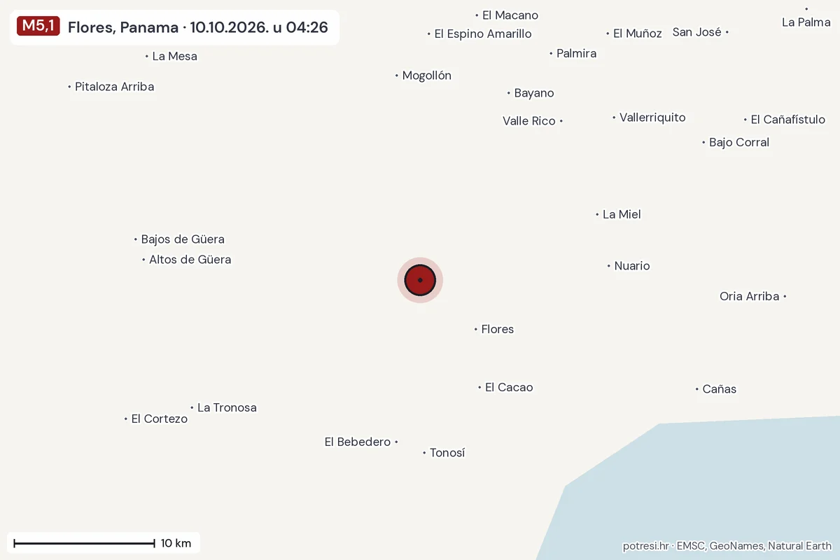 Karta: okolica epicentra, 60 km, potres M5,1, Flores, Panama, 10.10.2026.