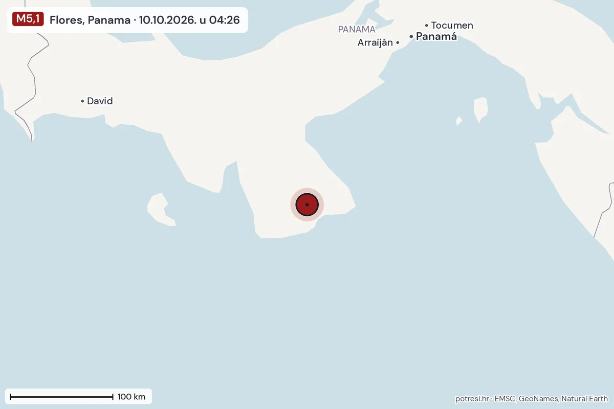 Karta: šire područje, 600 km, potres M5,1, Flores, Panama, 10.10.2026.