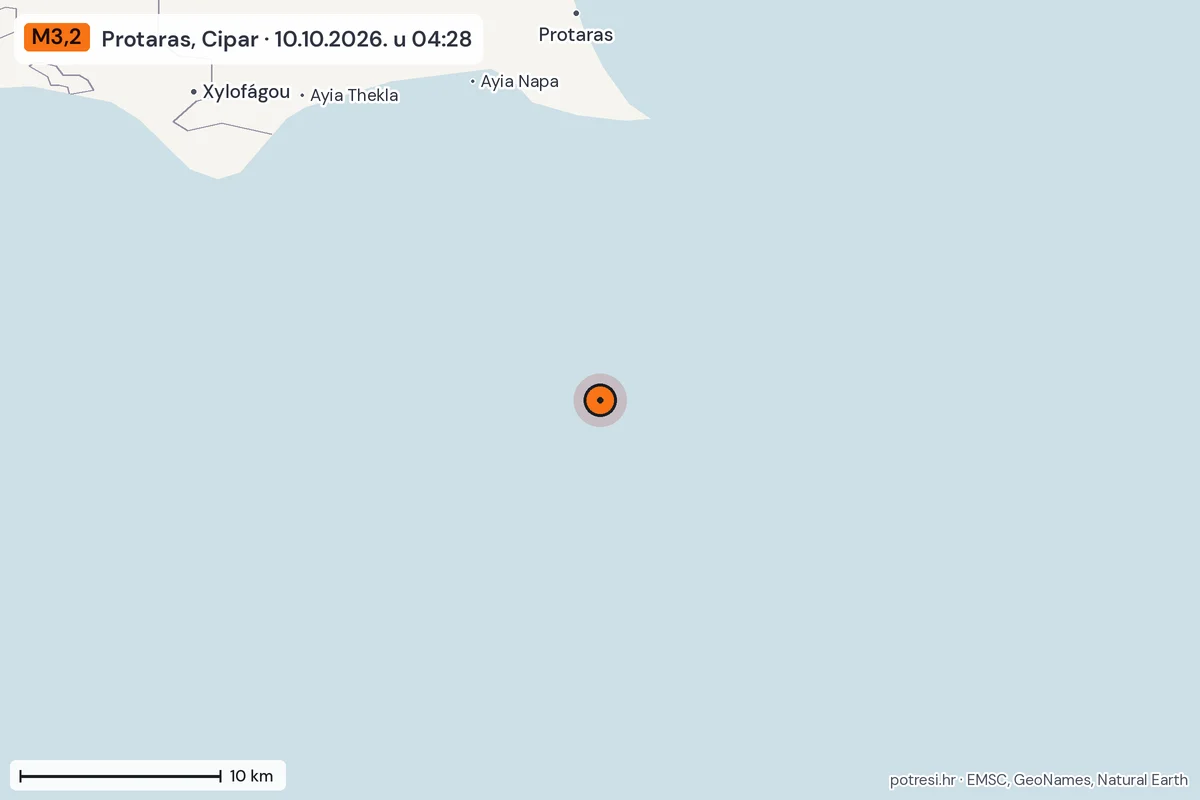 Karta: okolica epicentra, 60 km, potres M3,2, Protaras, Cipar, 10.10.2026.