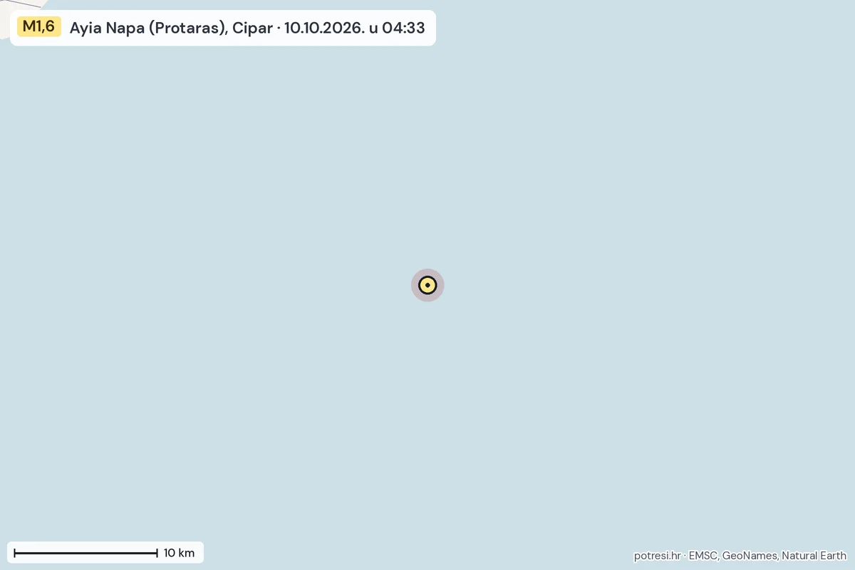 Karta: okolica epicentra, 60 km, potres M1,6, Ayia Napa (Protaras), Cipar, 10.10.2026.
