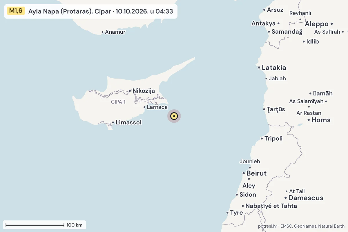 Karta: šire područje, 600 km, potres M1,6, Ayia Napa (Protaras), Cipar, 10.10.2026.