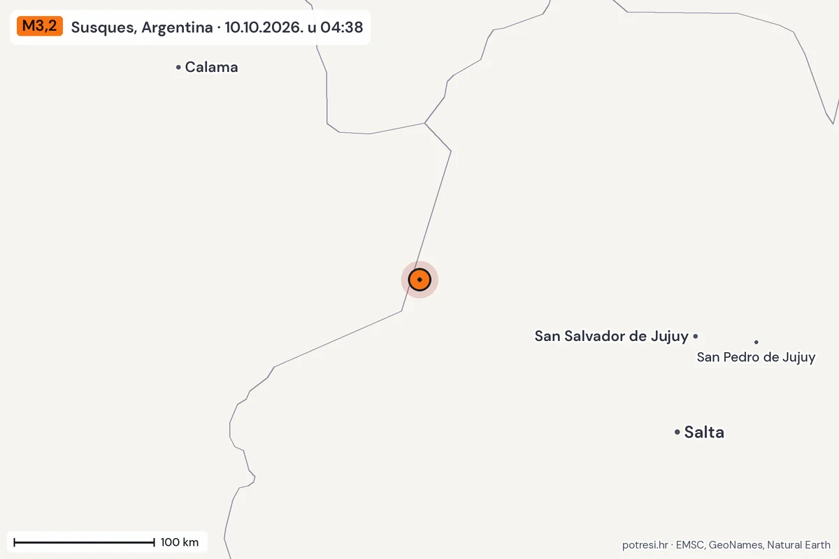 Karta: šire područje, 600 km, potres M3,2, Susques, Argentina, 10.10.2026.