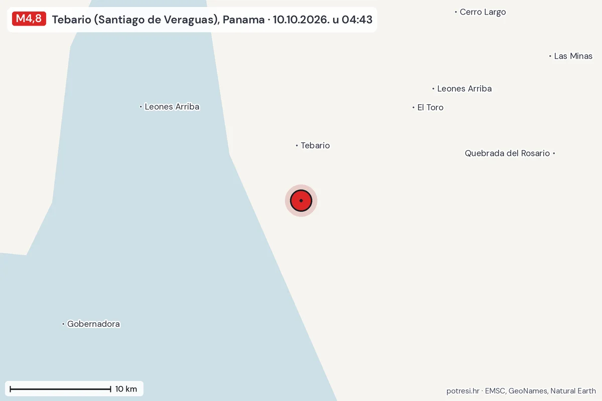 Karta: okolica epicentra, 60 km, potres M4,8, Tebario (Santiago de Veraguas), Panama, 10.10.2026.