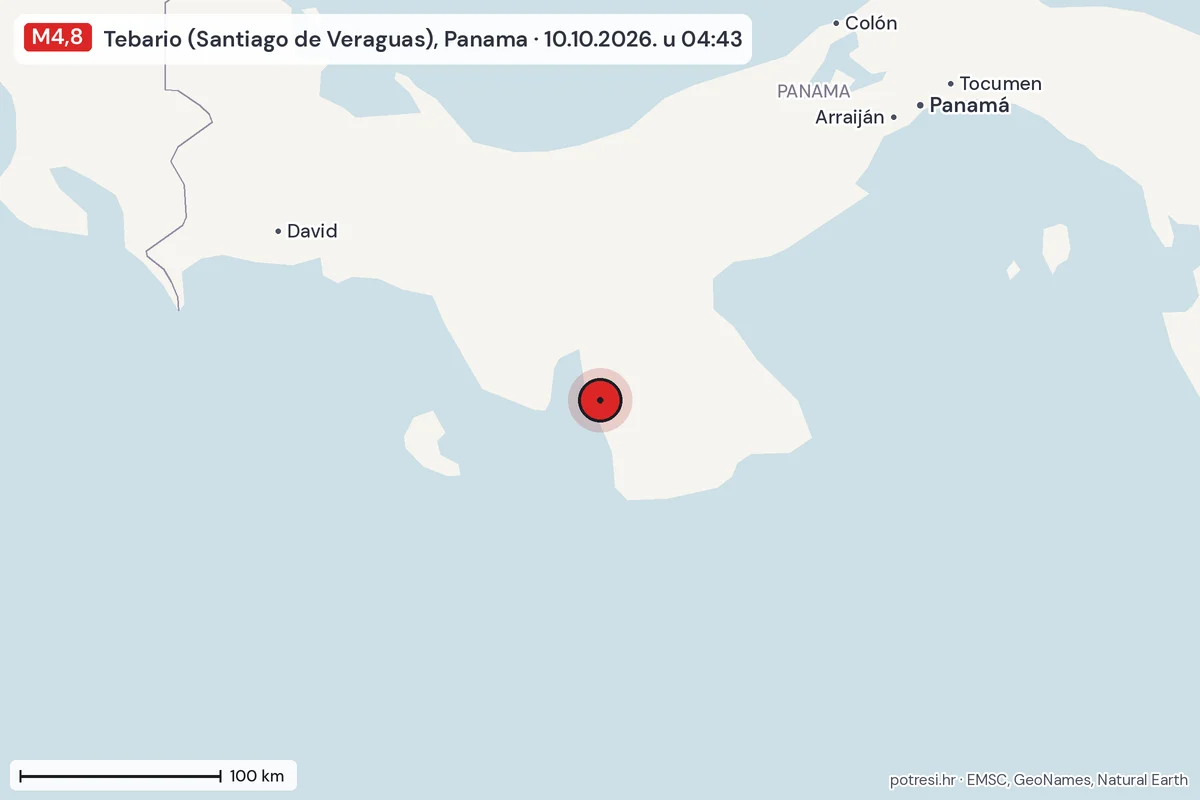 Karta: šire područje, 600 km, potres M4,8, Tebario (Santiago de Veraguas), Panama, 10.10.2026.