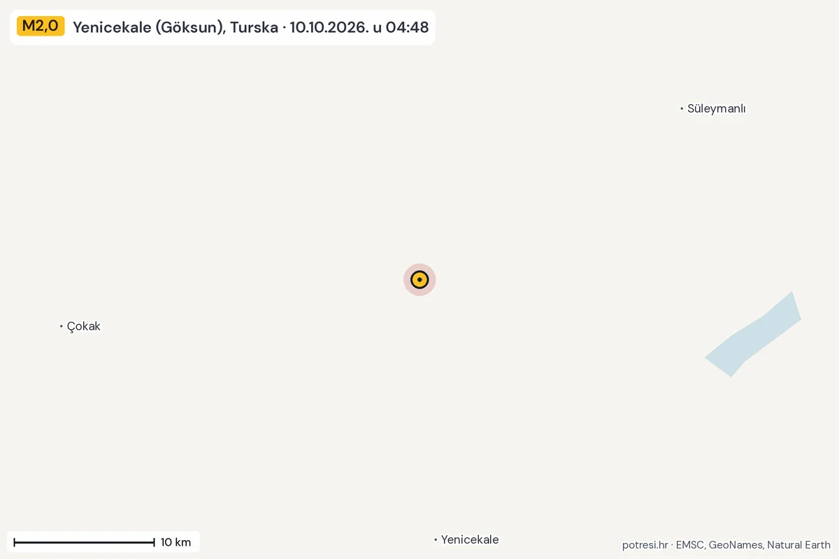 Karta: okolica epicentra, 60 km, potres M2,0, Yenicekale (Göksun), Turska, 10.10.2026.