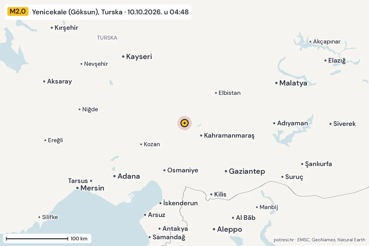 Karta: šire područje, 600 km, potres M2,0, Yenicekale (Göksun), Turska, 10.10.2026.