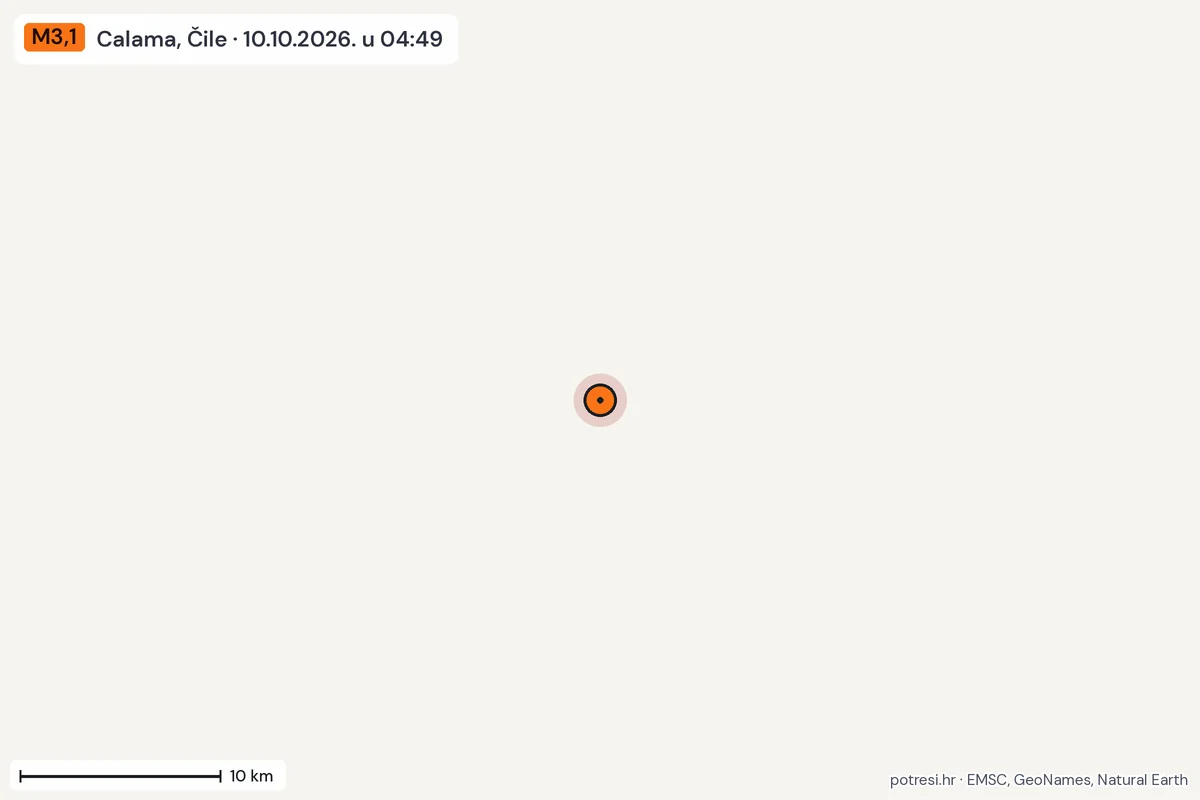 Karta: okolica epicentra, 60 km, potres M3,1, Calama, Čile, 10.10.2026.