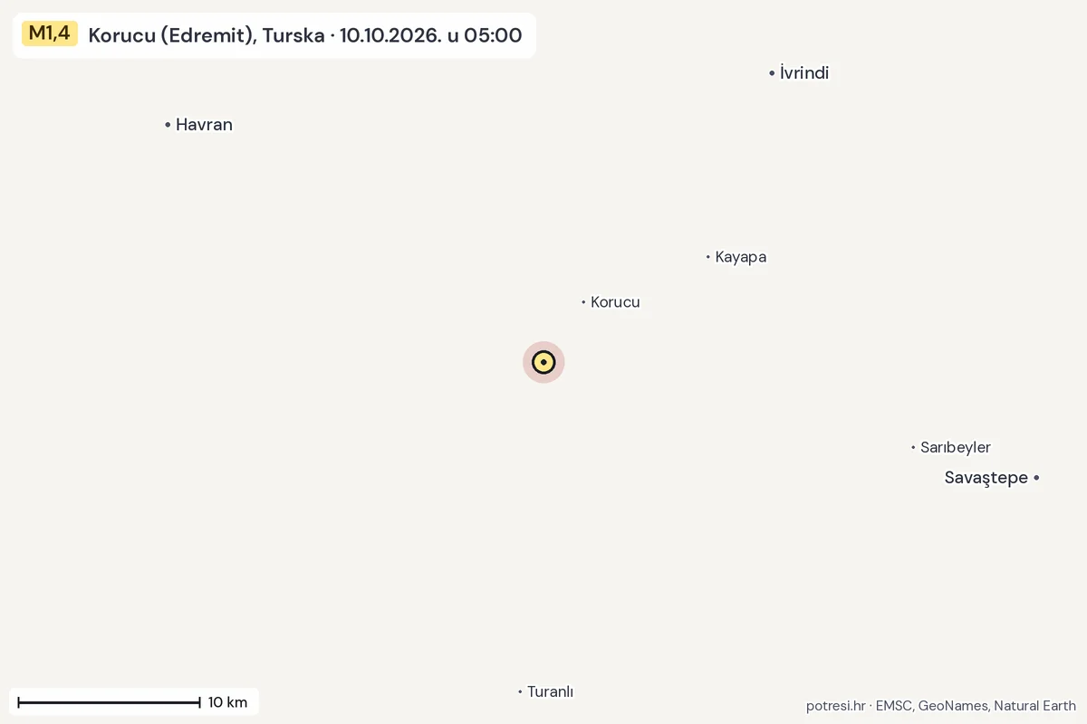 Karta: okolica epicentra, 60 km, potres M1,4, Korucu (Edremit), Turska, 10.10.2026.