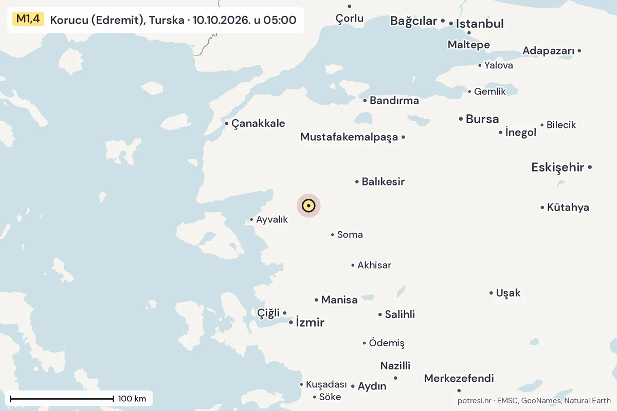 Karta: šire područje, 600 km, potres M1,4, Korucu (Edremit), Turska, 10.10.2026.