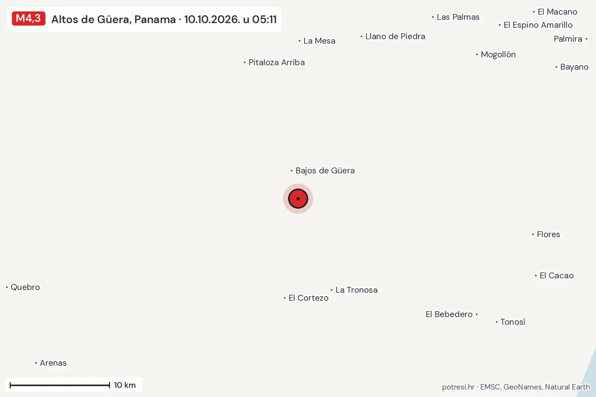 Karta: okolica epicentra, 60 km, potres M4,3, Altos de Güera, Panama, 10.10.2026.