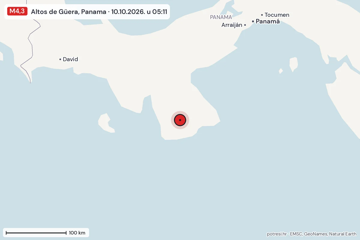 Karta: šire područje, 600 km, potres M4,3, Altos de Güera, Panama, 10.10.2026.