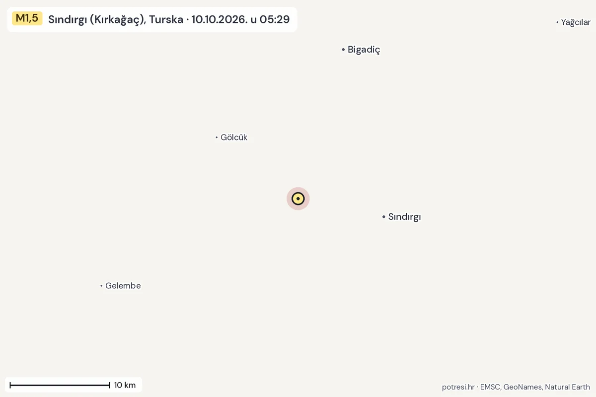 Karta: okolica epicentra, 60 km, potres M1,5, Sındırgı (Kırkağaç), Turska, 10.10.2026.
